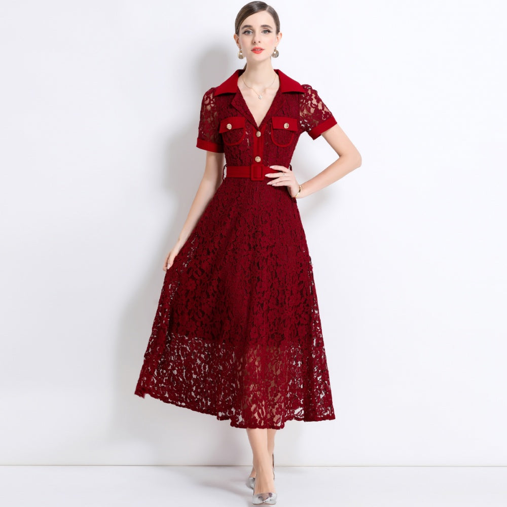 CM-DY045861 Women Elegant European Style Lapel Neckline Short Sleeve High Waist A-Line Dress With Belt - Dark Red
