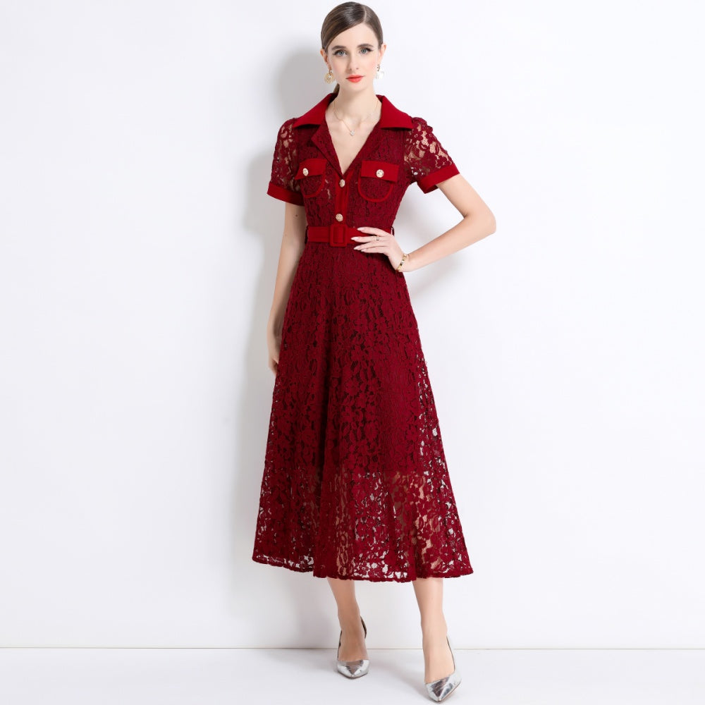 CM-DY045861 Women Elegant European Style Lapel Neckline Short Sleeve High Waist A-Line Dress With Belt - Dark Red