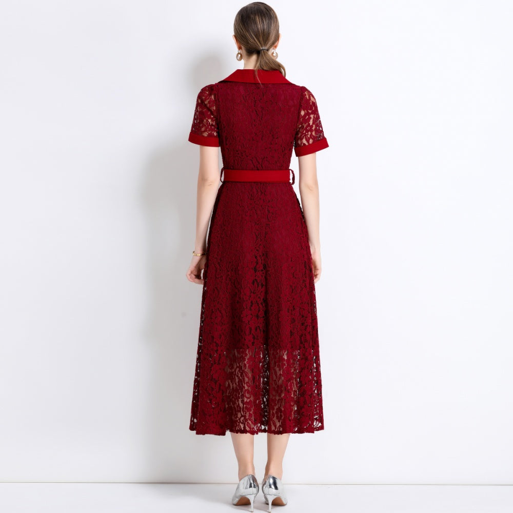 CM-DY045861 Women Elegant European Style Lapel Neckline Short Sleeve High Waist A-Line Dress With Belt - Dark Red