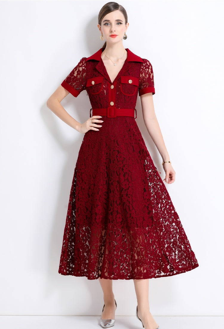 CM-DY045861 Women Elegant European Style Lapel Neckline Short Sleeve High Waist A-Line Dress With Belt - Dark Red