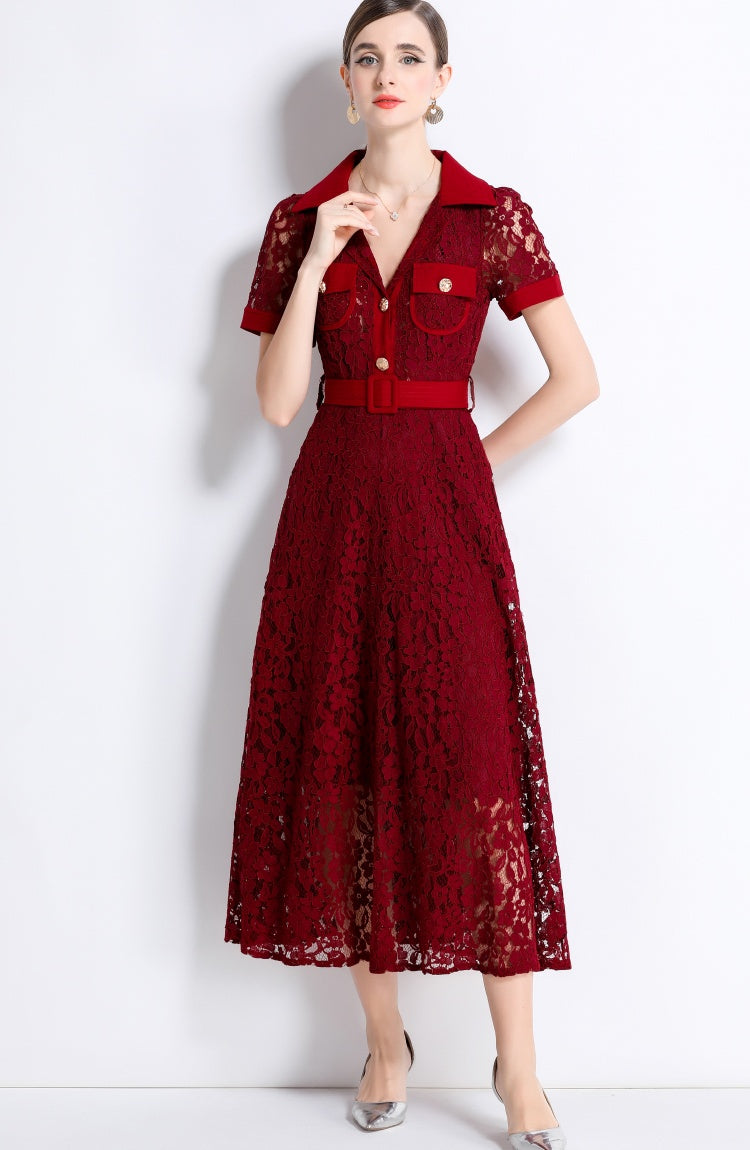 CM-DY045861 Women Elegant European Style Lapel Neckline Short Sleeve High Waist A-Line Dress With Belt - Dark Red