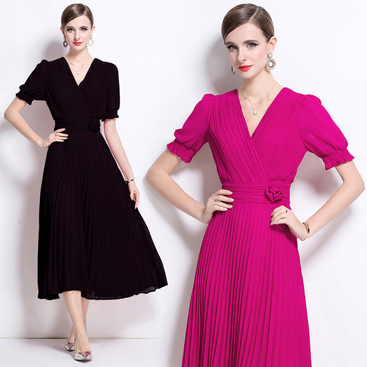 CM-DY046146 Women Elegant European Style V-Neck Short Sleeve Slim Pleated Pinched Waist Midi Dress (Available in 2 colors)