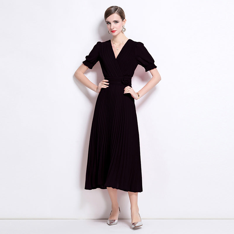 CM-DY046146 Women Elegant European Style V-Neck Short Sleeve Slim Pleated Pinched Waist Midi Dress (Available in 2 colors)