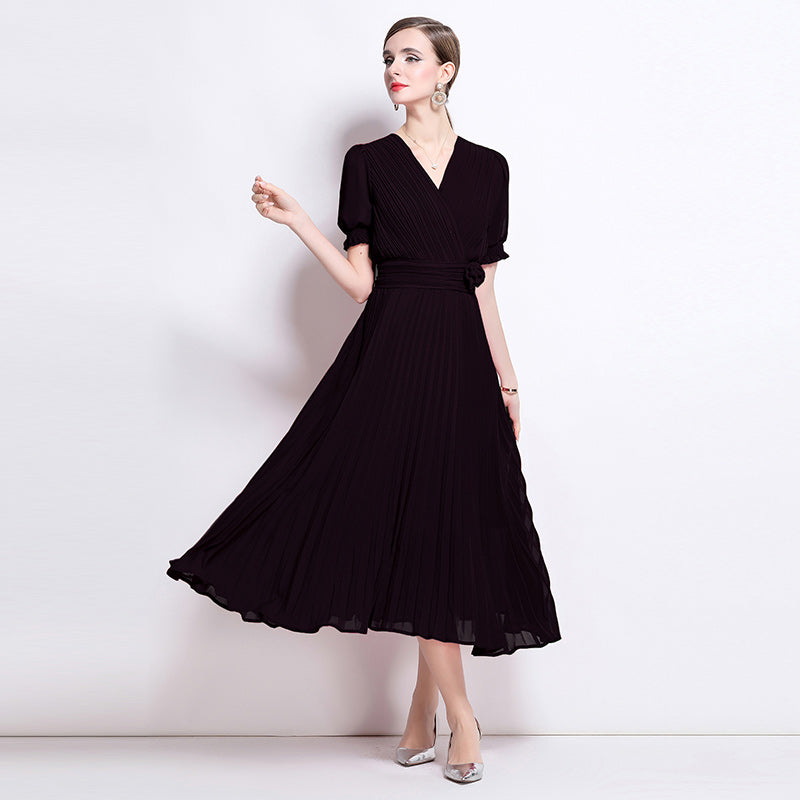 CM-DY046146 Women Elegant European Style V-Neck Short Sleeve Slim Pleated Pinched Waist Midi Dress (Available in 2 colors)