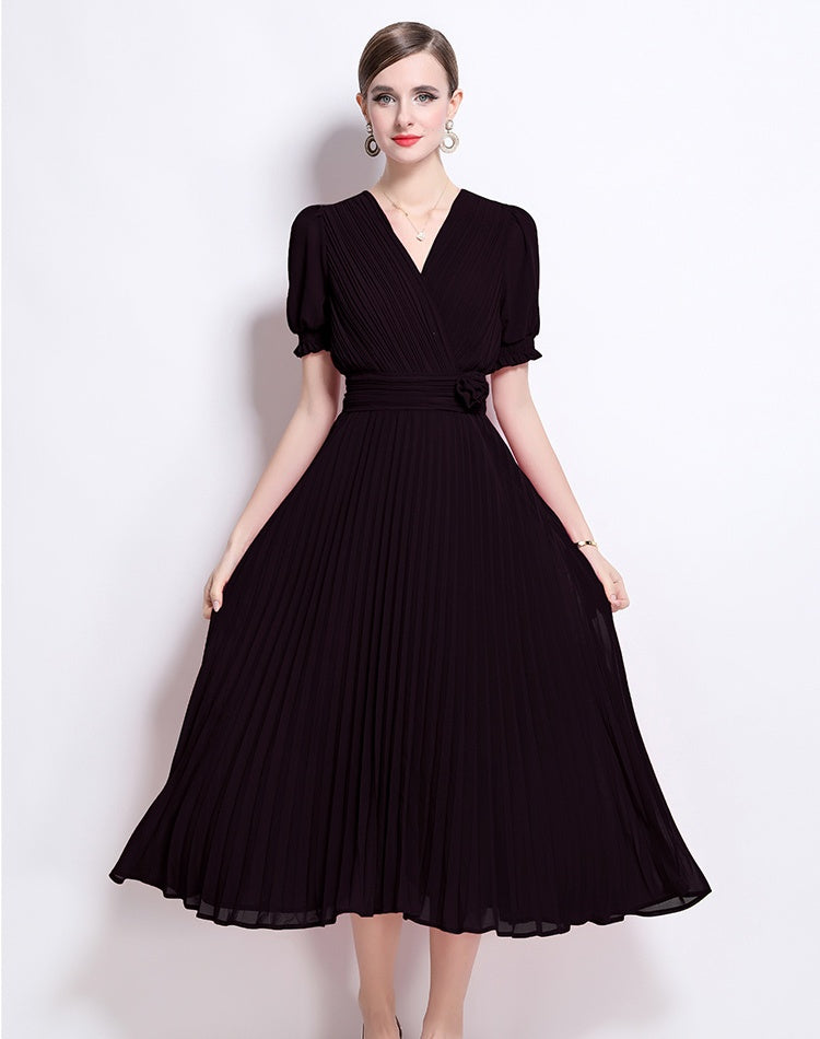 CM-DY046146 Women Elegant European Style V-Neck Short Sleeve Slim Pleated Pinched Waist Midi Dress (Available in 2 colors)