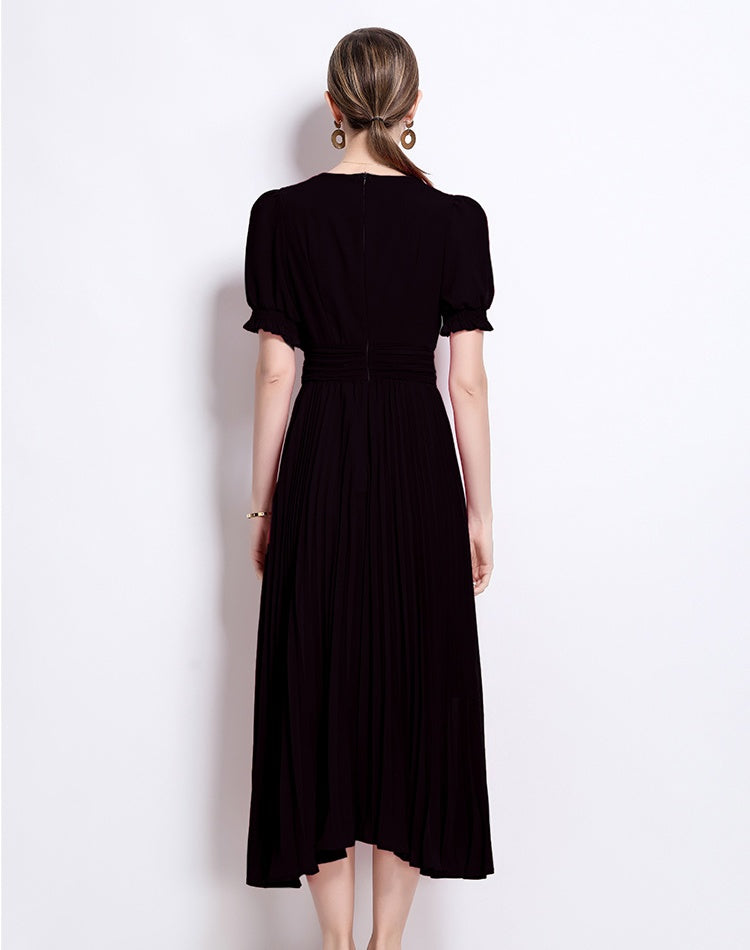 CM-DY046146 Women Elegant European Style V-Neck Short Sleeve Slim Pleated Pinched Waist Midi Dress (Available in 2 colors)