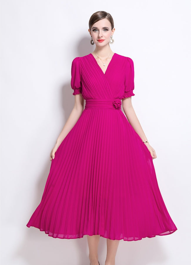 CM-DY046146 Women Elegant European Style V-Neck Short Sleeve Slim Pleated Pinched Waist Midi Dress (Available in 2 colors)