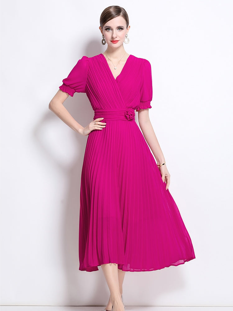 CM-DY046146 Women Elegant European Style V-Neck Short Sleeve Slim Pleated Pinched Waist Midi Dress (Available in 2 colors)