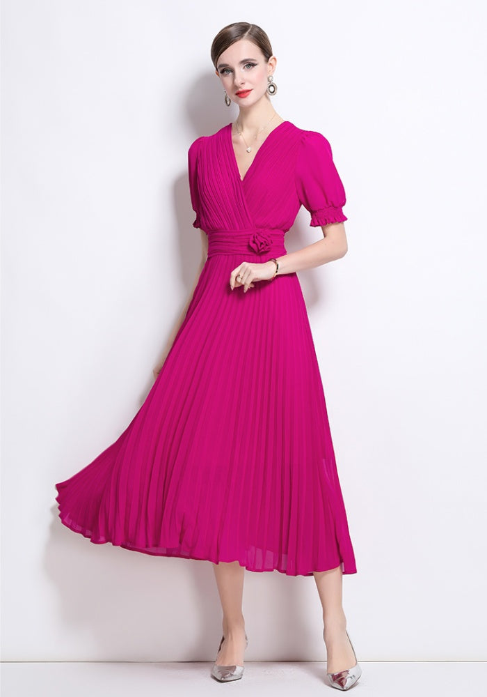 CM-DY046146 Women Elegant European Style V-Neck Short Sleeve Slim Pleated Pinched Waist Midi Dress (Available in 2 colors)
