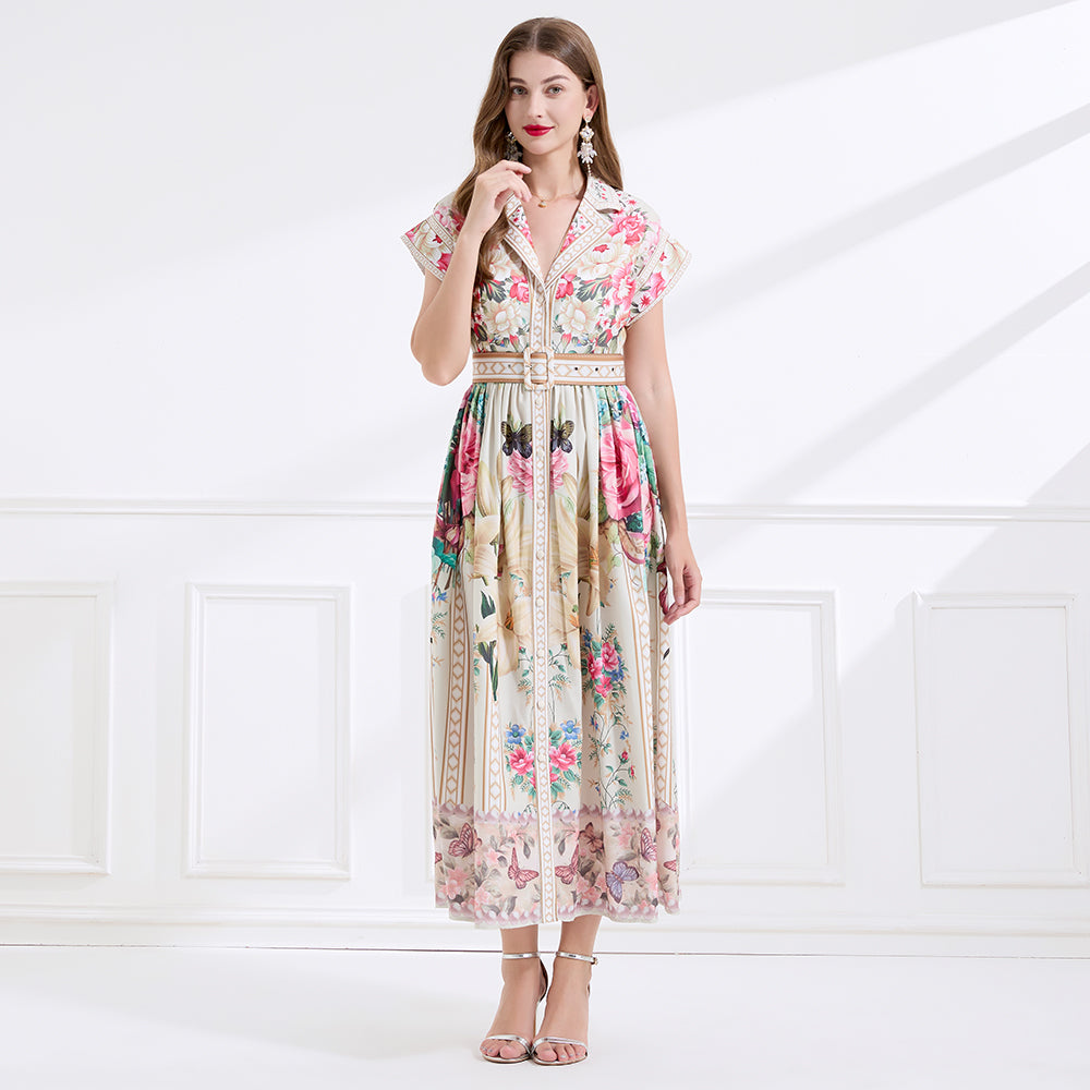 CM-DY046557 Women Elegant European Style V-Neck Short Sleeve All-Over Floral Print Maxi Dress - Apricot