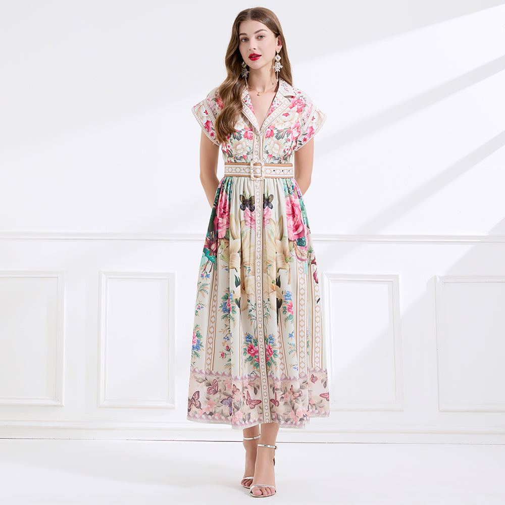 CM-DY046557 Women Elegant European Style V-Neck Short Sleeve All-Over Floral Print Maxi Dress - Apricot