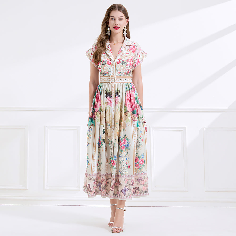 CM-DY046557 Women Elegant European Style V-Neck Short Sleeve All-Over Floral Print Maxi Dress - Apricot