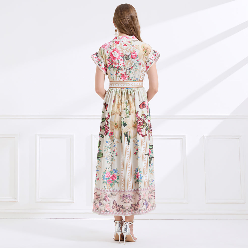 CM-DY046557 Women Elegant European Style V-Neck Short Sleeve All-Over Floral Print Maxi Dress - Apricot