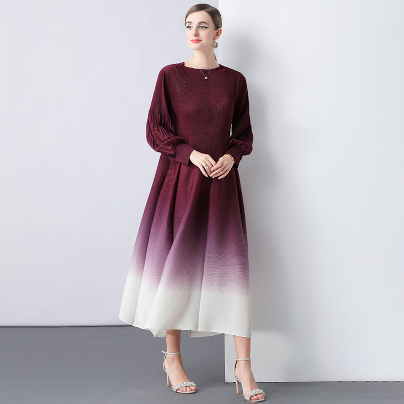 CM-DY047057 Women Elegant European Style Round Neck Trumpet Sleeve Gradient Mid-Length Dress