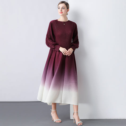 CM-DY047057 Women Elegant European Style Round Neck Trumpet Sleeve Gradient Mid-Length Dress
