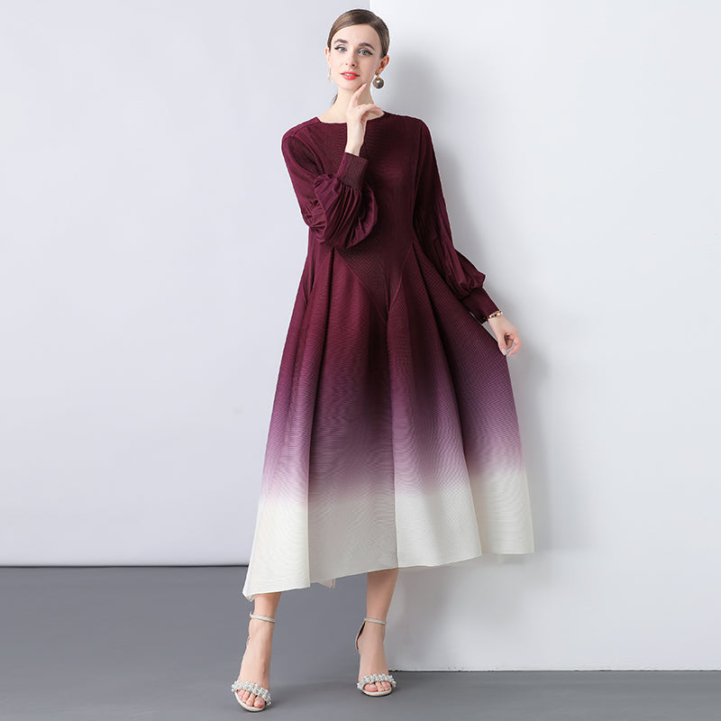 CM-DY047057 Women Elegant European Style Round Neck Trumpet Sleeve Gradient Mid-Length Dress
