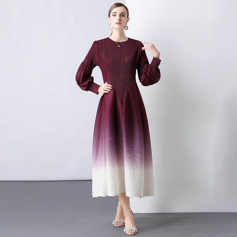 CM-DY047057 Women Elegant European Style Round Neck Trumpet Sleeve Gradient Mid-Length Dress