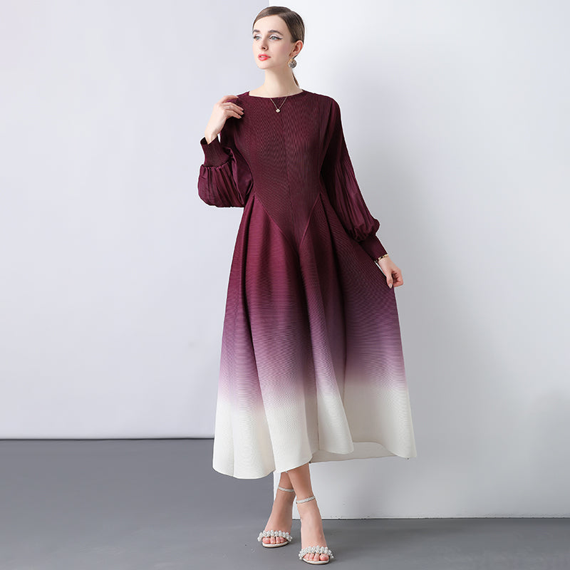 CM-DY047057 Women Elegant European Style Round Neck Trumpet Sleeve Gradient Mid-Length Dress