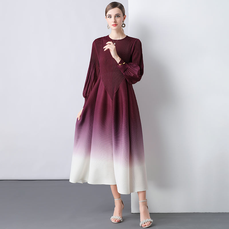CM-DY047057 Women Elegant European Style Round Neck Trumpet Sleeve Gradient Mid-Length Dress