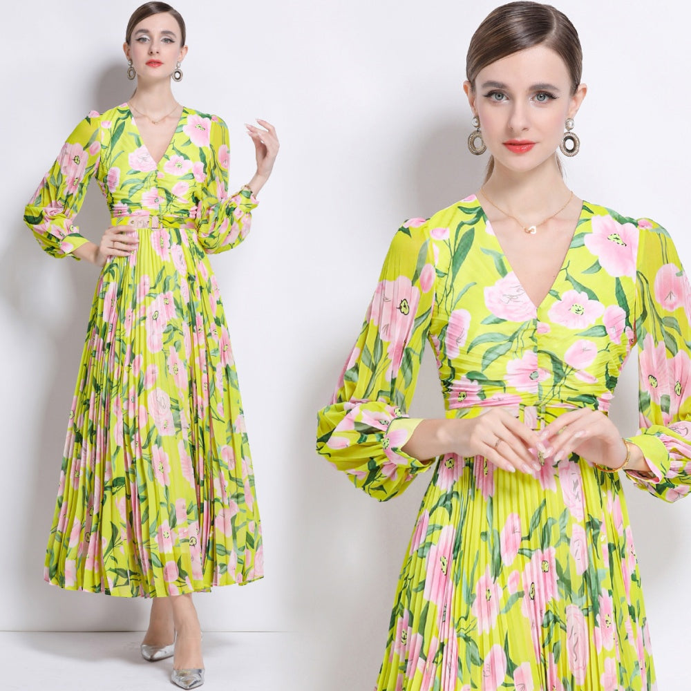 CM-DY047119 Women Trendy Bohemian Style Floral Print V-Neck Long Sleeve Belted Maxi Dress