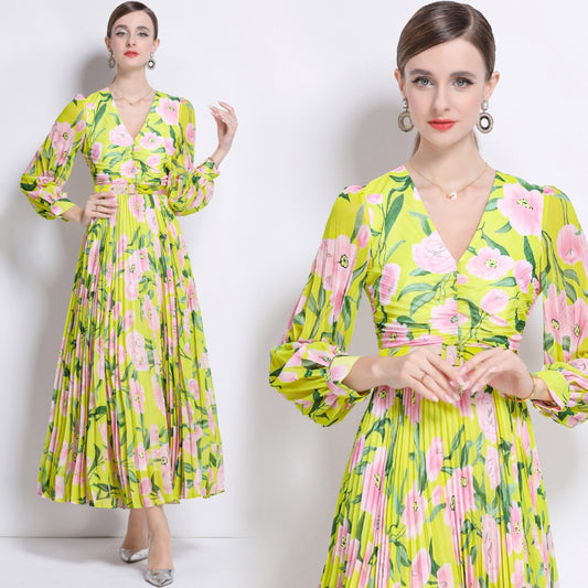 CM-DY047119 Women Trendy Bohemian Style Floral Print V-Neck Long Sleeve Belted Maxi Dress