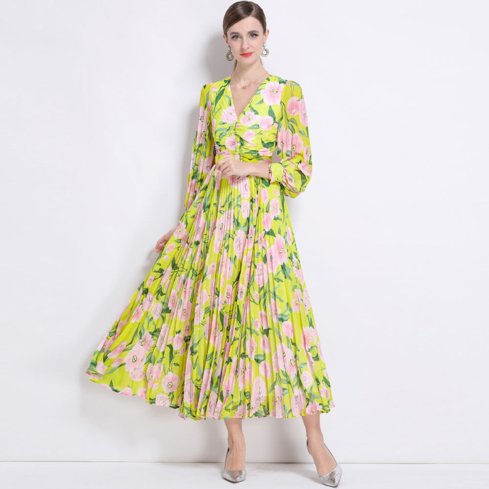 CM-DY047119 Women Trendy Bohemian Style Floral Print V-Neck Long Sleeve Belted Maxi Dress