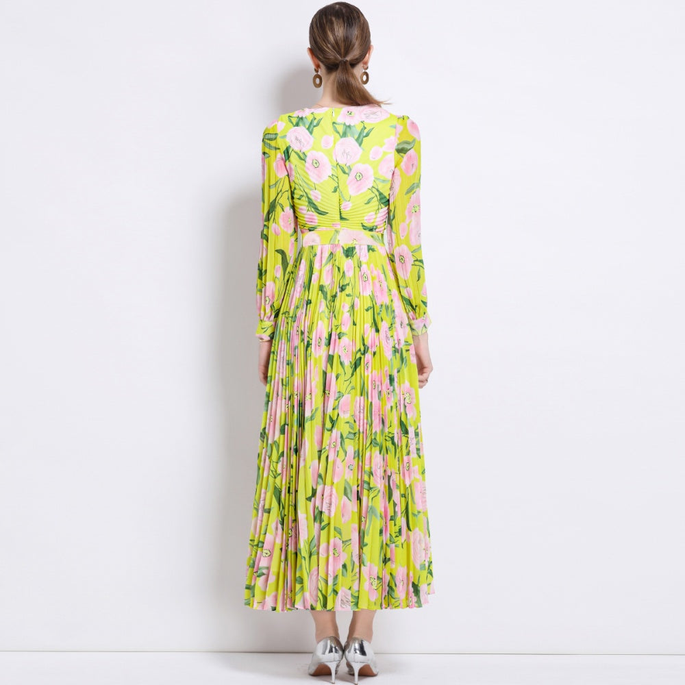 CM-DY047119 Women Trendy Bohemian Style Floral Print V-Neck Long Sleeve Belted Maxi Dress