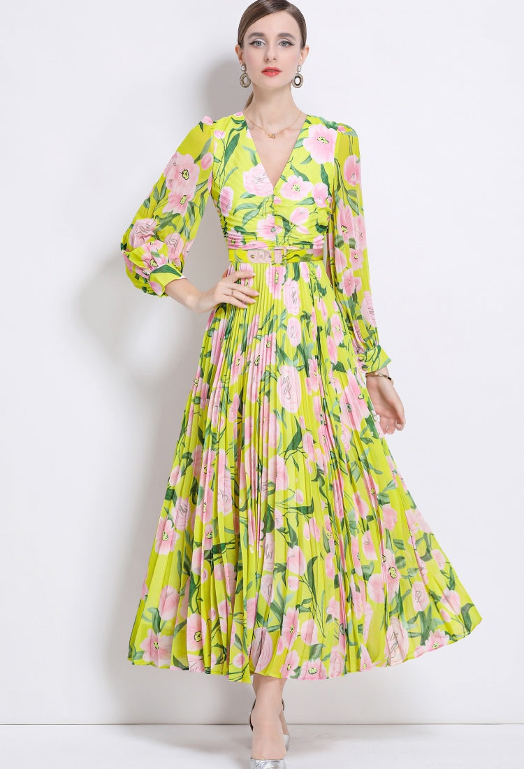 CM-DY047119 Women Trendy Bohemian Style Floral Print V-Neck Long Sleeve Belted Maxi Dress