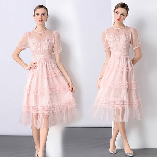 CM-DY047145 Women Elegant European Style Lace Round Neck Puff Sleeve Pinched Waist Dress - Pink