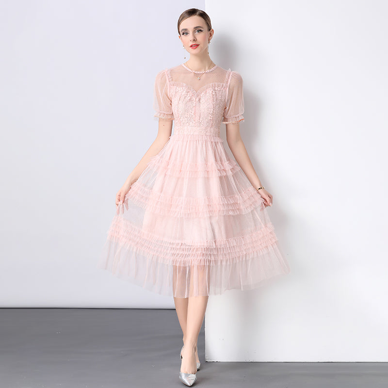 CM-DY047145 Women Elegant European Style Lace Round Neck Puff Sleeve Pinched Waist Dress - Pink