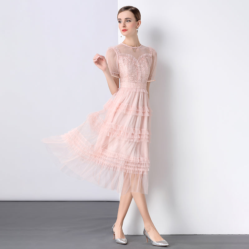 CM-DY047145 Women Elegant European Style Lace Round Neck Puff Sleeve Pinched Waist Dress - Pink
