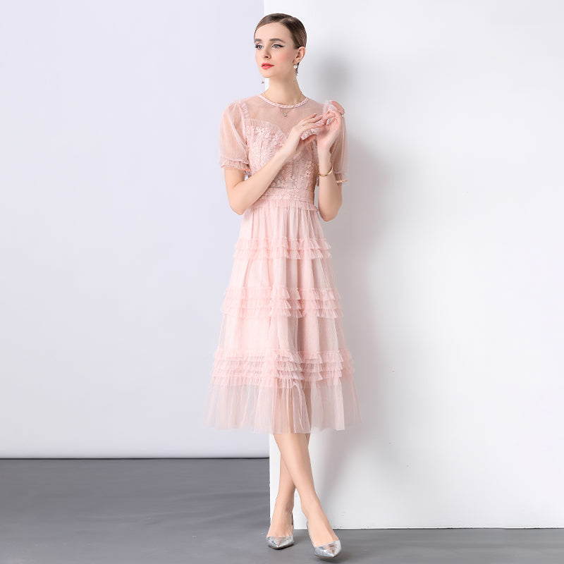 CM-DY047145 Women Elegant European Style Lace Round Neck Puff Sleeve Pinched Waist Dress - Pink