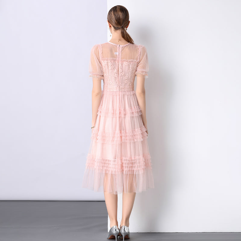 CM-DY047145 Women Elegant European Style Lace Round Neck Puff Sleeve Pinched Waist Dress - Pink