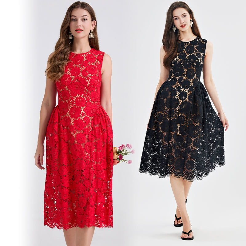 CM-DY047153 Women Elegant European Style Lace Round Neck Sleeveless Slim High Waist A-Line Dress (Available in 2 colors)