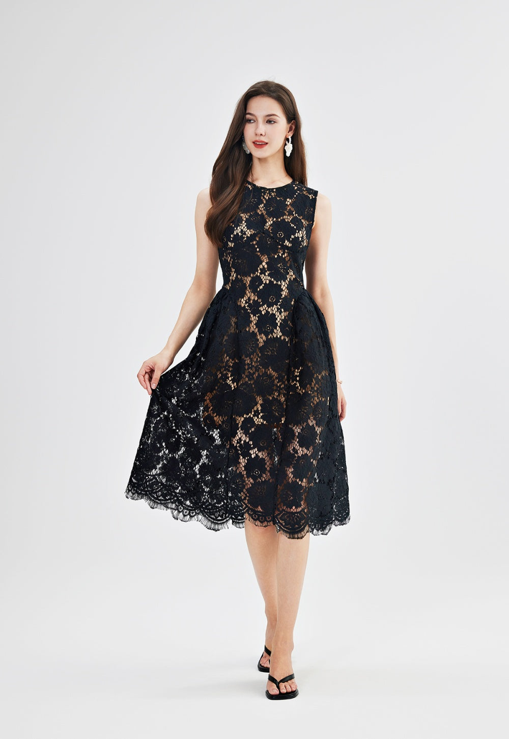 CM-DY047153 Women Elegant European Style Lace Round Neck Sleeveless Slim High Waist A-Line Dress (Available in 2 colors)