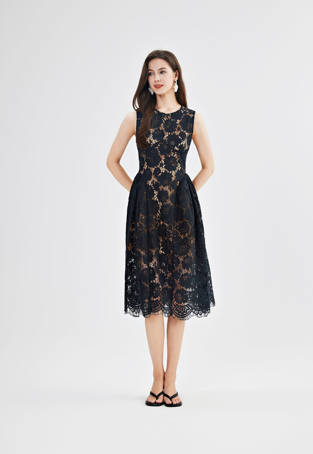 CM-DY047153 Women Elegant European Style Lace Round Neck Sleeveless Slim High Waist A-Line Dress (Available in 2 colors)