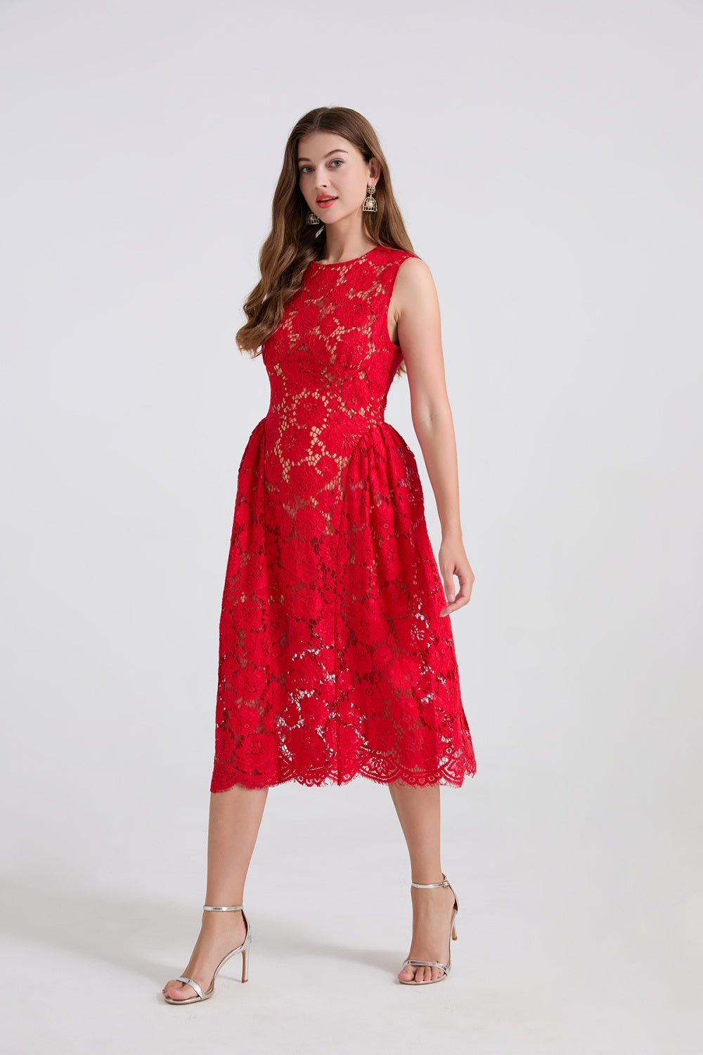 CM-DY047153 Women Elegant European Style Lace Round Neck Sleeveless Slim High Waist A-Line Dress (Available in 2 colors)