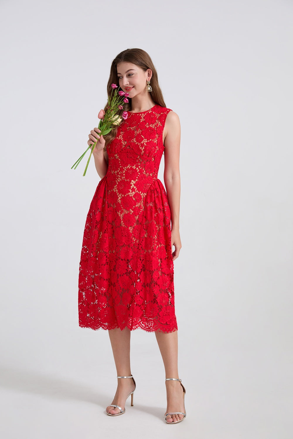 CM-DY047153 Women Elegant European Style Lace Round Neck Sleeveless Slim High Waist A-Line Dress (Available in 2 colors)