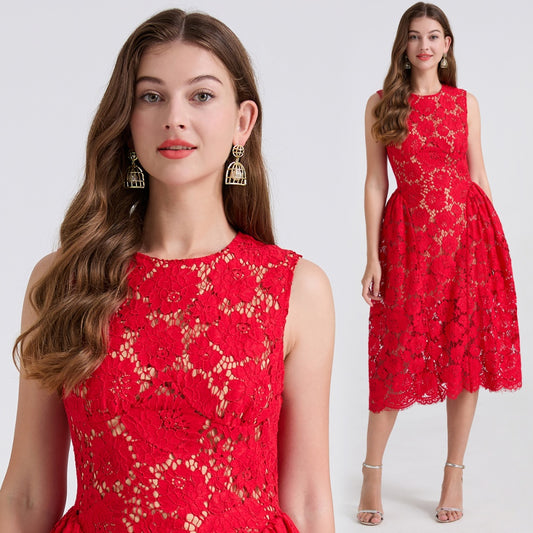 CM-DY047153 Women Elegant European Style Lace Round Neck Sleeveless Slim High Waist A-Line Dress (Available in 2 colors)