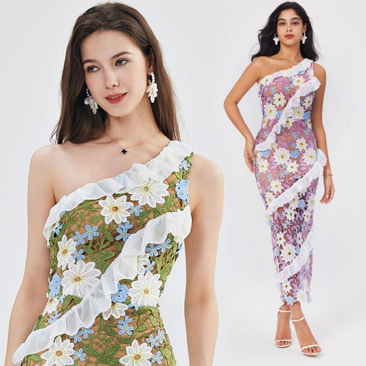 CM-DY047154 Women Trendy Bohemian Style Embroidered Oblique Collar One Shoulder Slim Long Dress (Available in 2 colors)