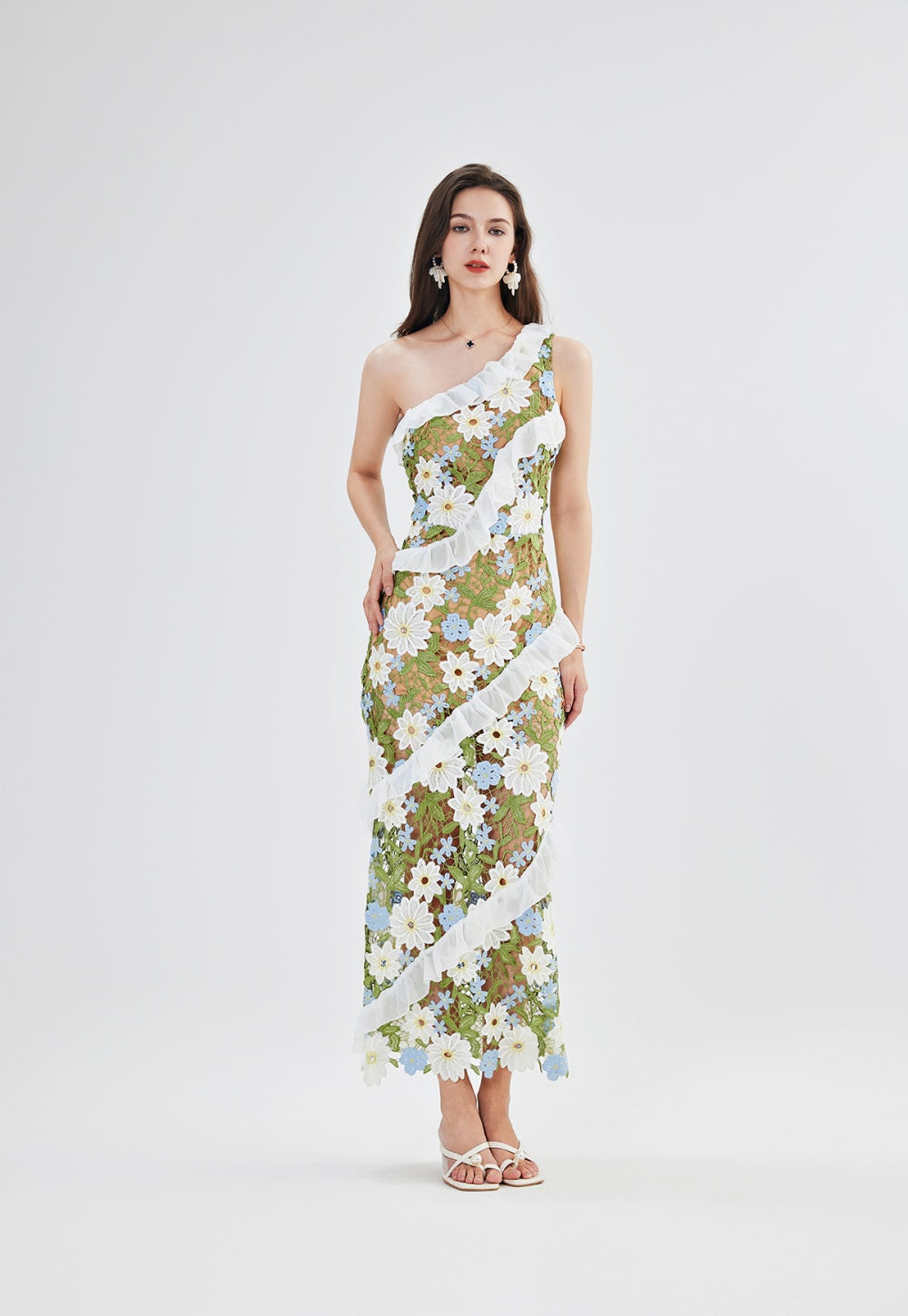 CM-DY047154 Women Trendy Bohemian Style Embroidered Oblique Collar One Shoulder Slim Long Dress (Available in 2 colors)