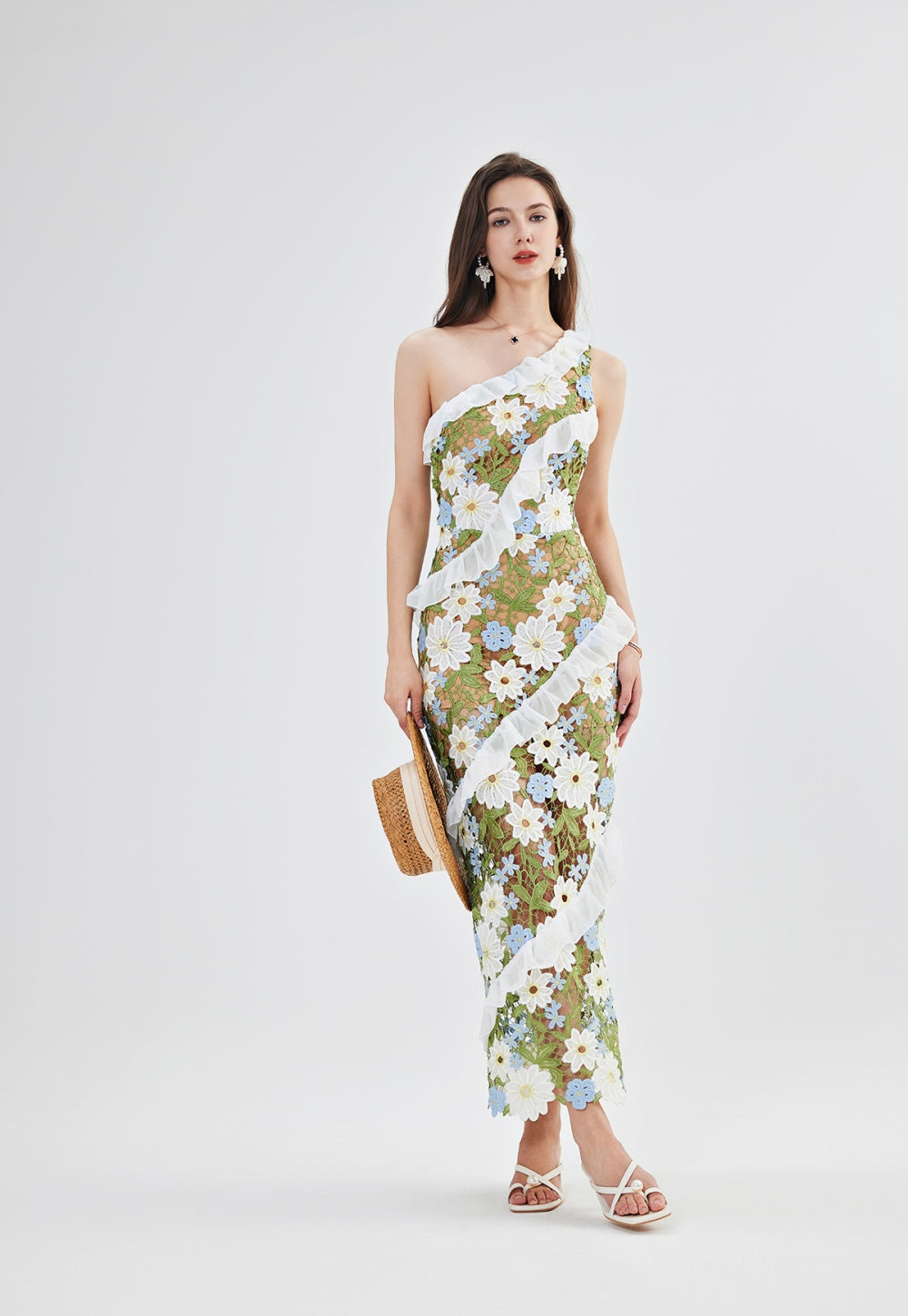 CM-DY047154 Women Trendy Bohemian Style Embroidered Oblique Collar One Shoulder Slim Long Dress (Available in 2 colors)