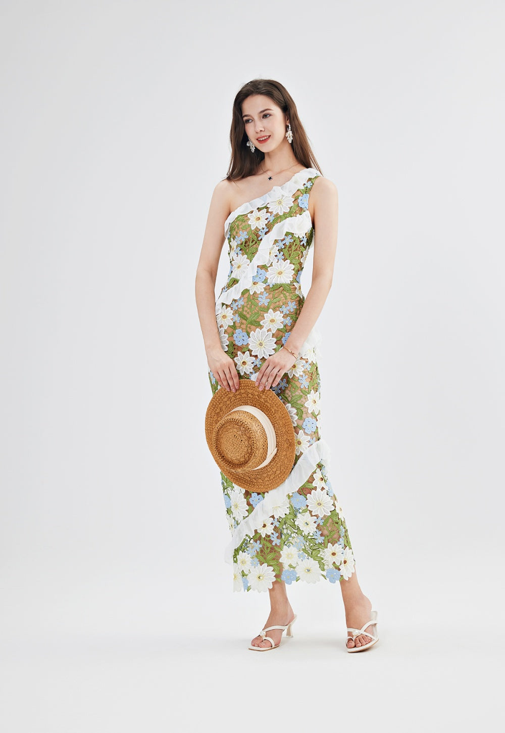 CM-DY047154 Women Trendy Bohemian Style Embroidered Oblique Collar One Shoulder Slim Long Dress (Available in 2 colors)