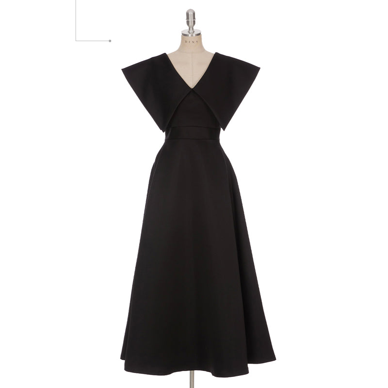 CM-DY047155 Women Elegant European Style V-Neck Sleeveless Medium Waist Mid-Length Dress - Black
