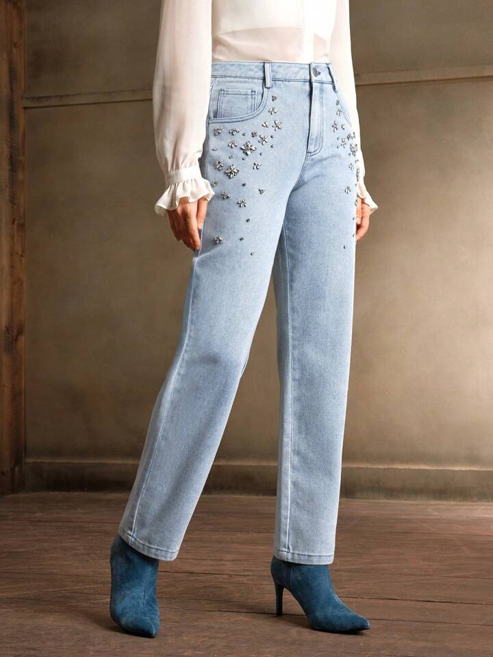 CM-BS637360 Women Casual Seoujl Style Light Wash Rhinestone Pockets Straight Leg Jeans