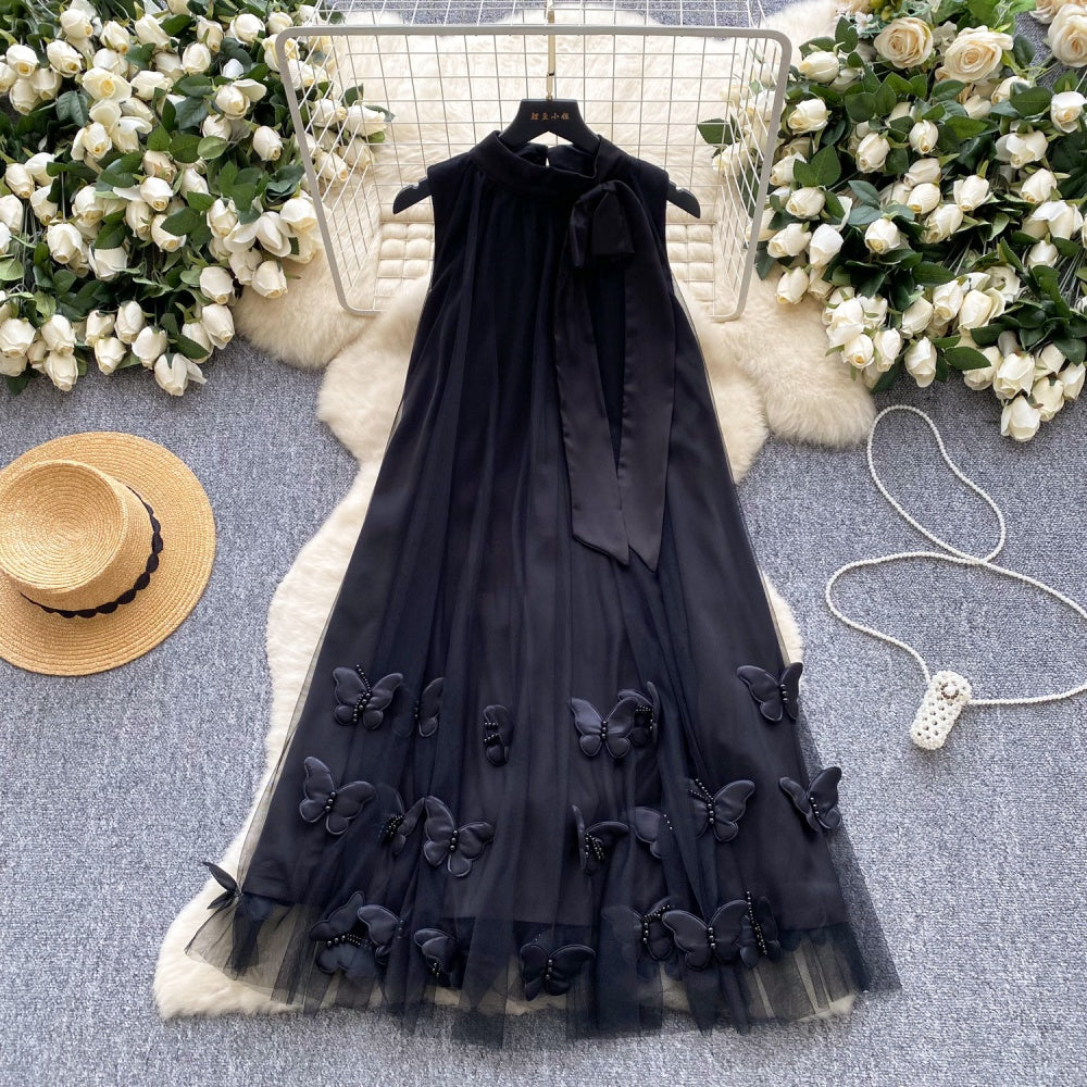 CM-DY047559 Women Elegant European Style Butterfly Decor Halter Sleeveless Bow Gauze Dress (Available in 4 colors)