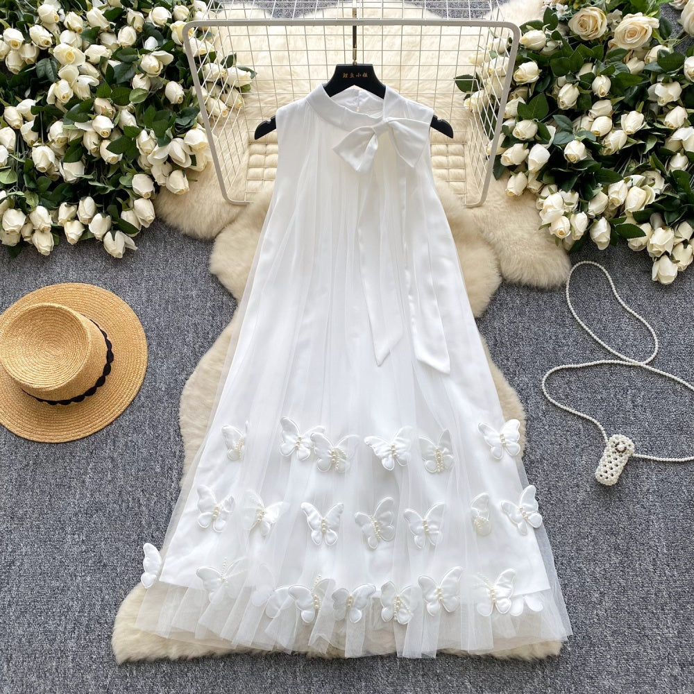 CM-DY047559 Women Elegant European Style Butterfly Decor Halter Sleeveless Bow Gauze Dress (Available in 4 colors)