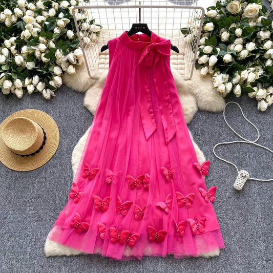 CM-DY047559 Women Elegant European Style Butterfly Decor Halter Sleeveless Bow Gauze Dress (Available in 4 colors)