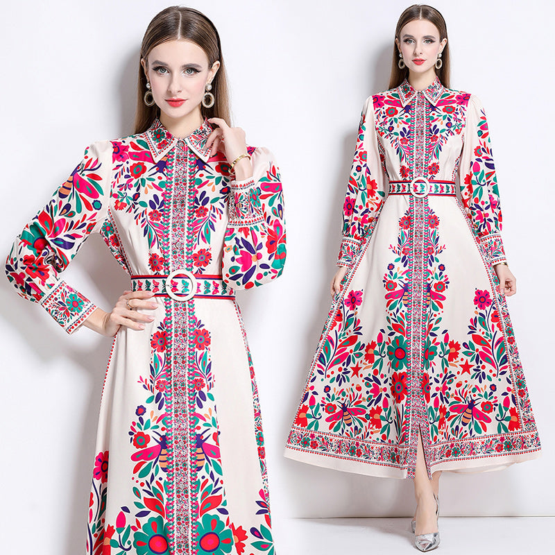 CM-DY047977 Women Elegant European Style Floral Print Collar Neckline Long Sleeve Single-Breasted Maxi Dress