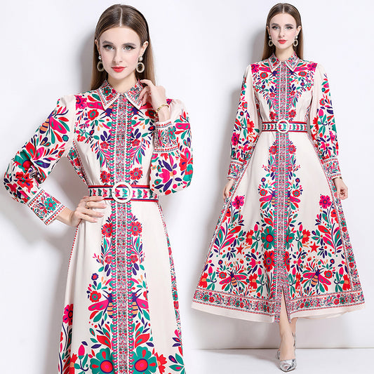 CM-DY047977 Women Elegant European Style Floral Print Collar Neckline Long Sleeve Single-Breasted Maxi Dress